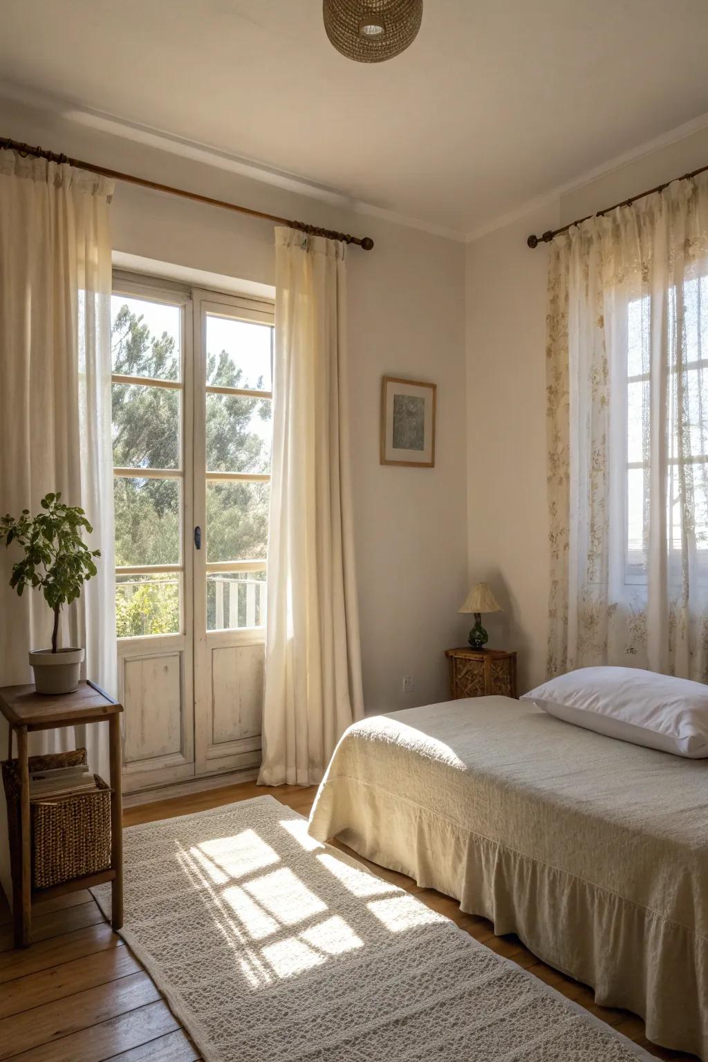 Maximizing daylight with light colors can open up your small bedroom.