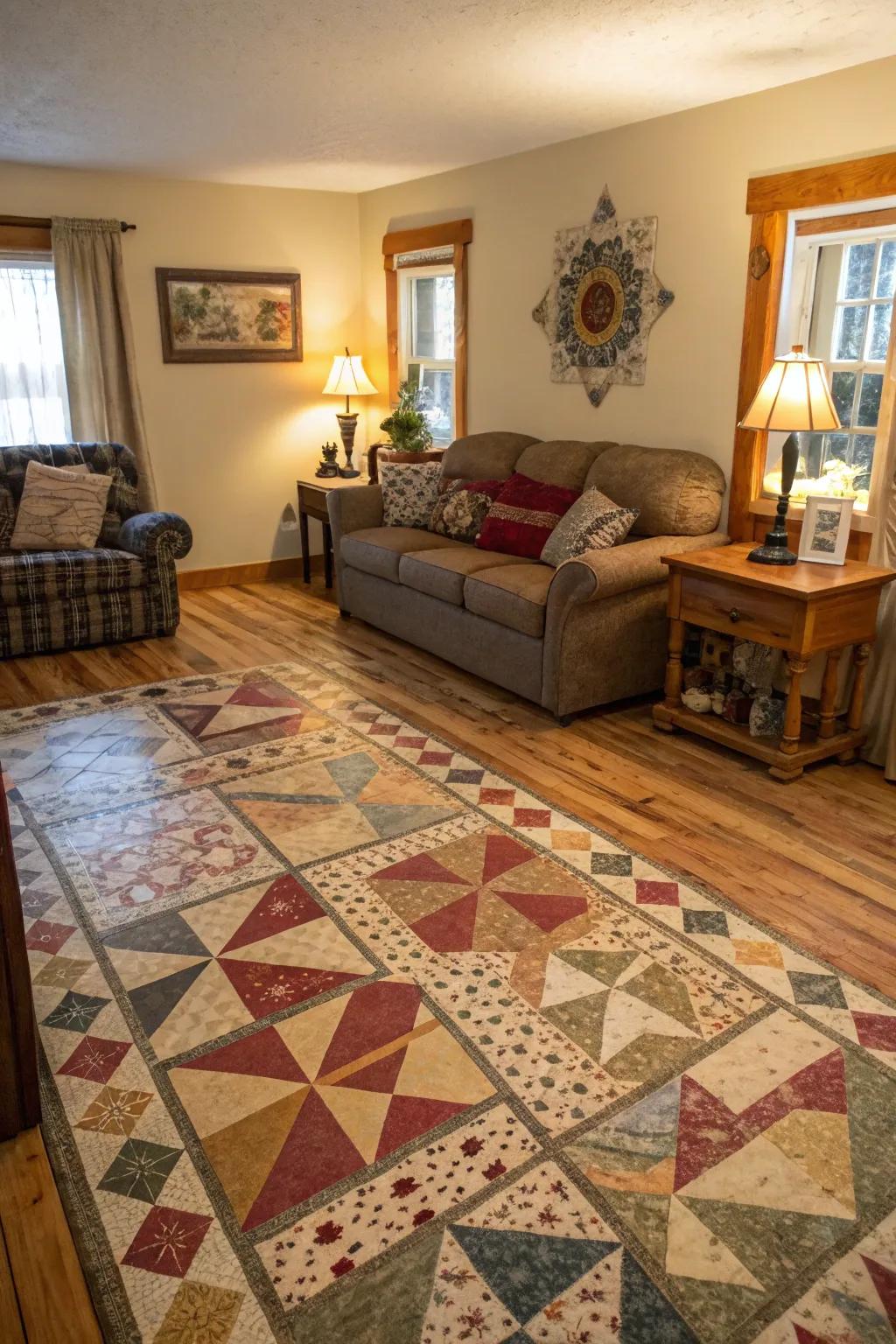 Quiltwork patterns offer warmth and eclectic charm.