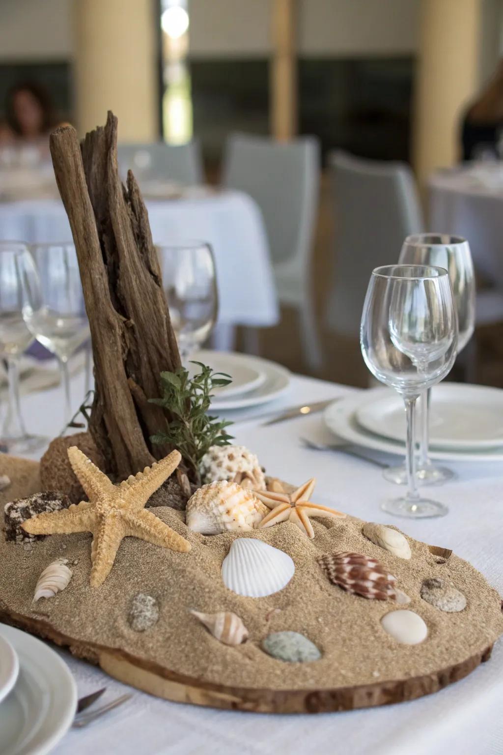 A seaside centerpiece featuring shells and driftwood.
