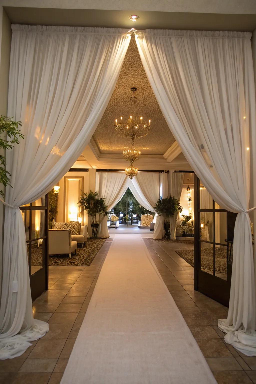 Chic textile aisles elegantly guide guests into the celebration.