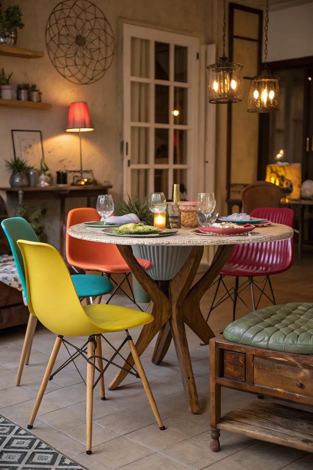 An unconventional selection of chairs introduces a cheerful, casual vibe.