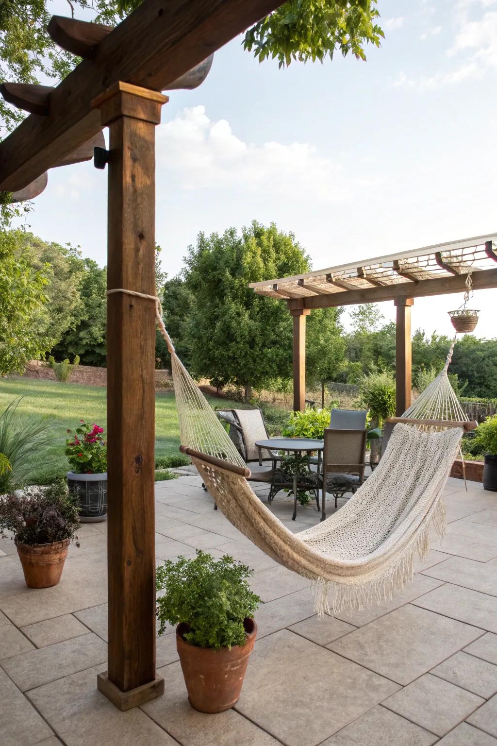 A hammock proffers an ideal spot for leisure on your patio.