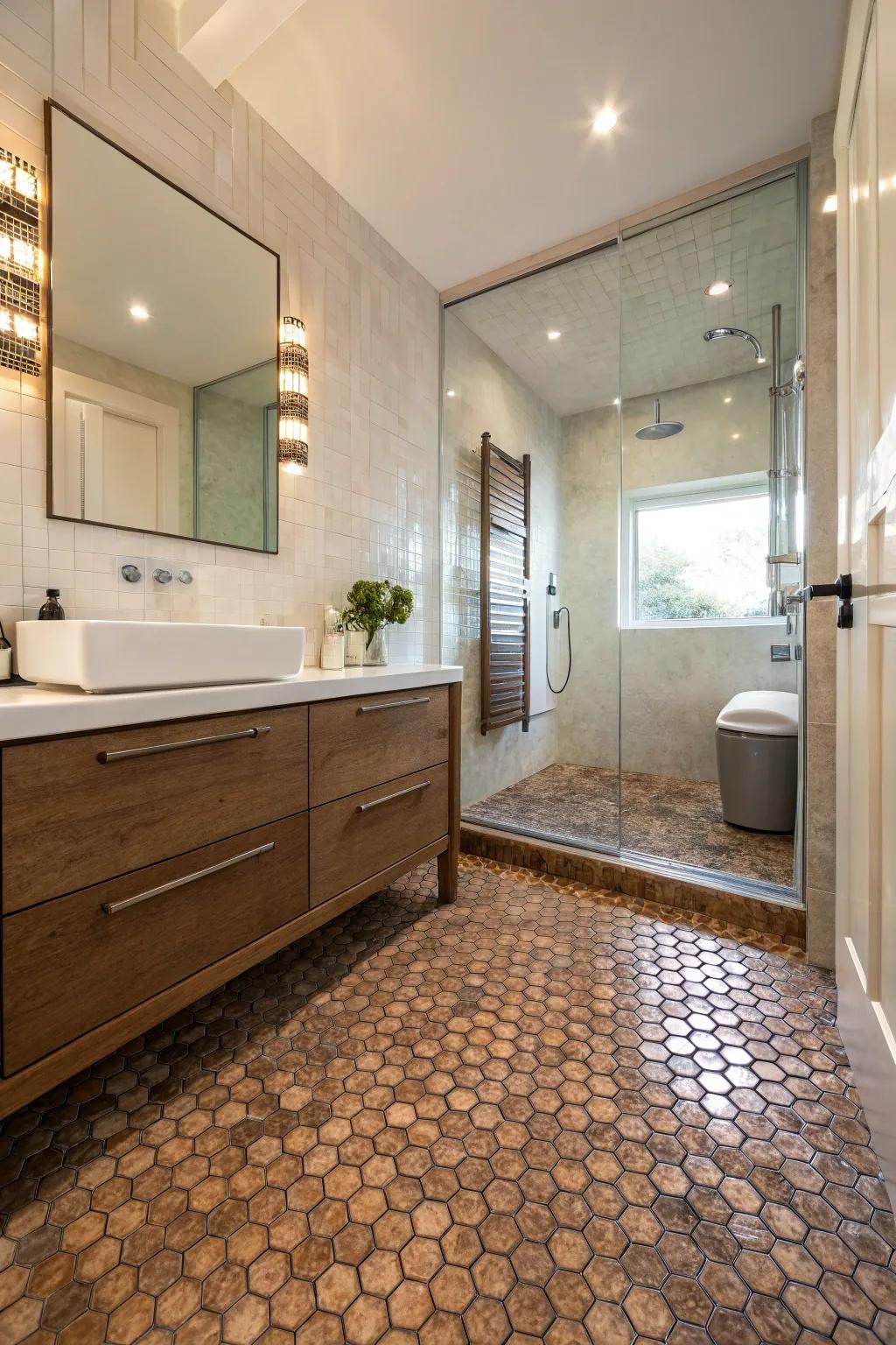 Eco-friendly design utilizing recycled penny tiles.