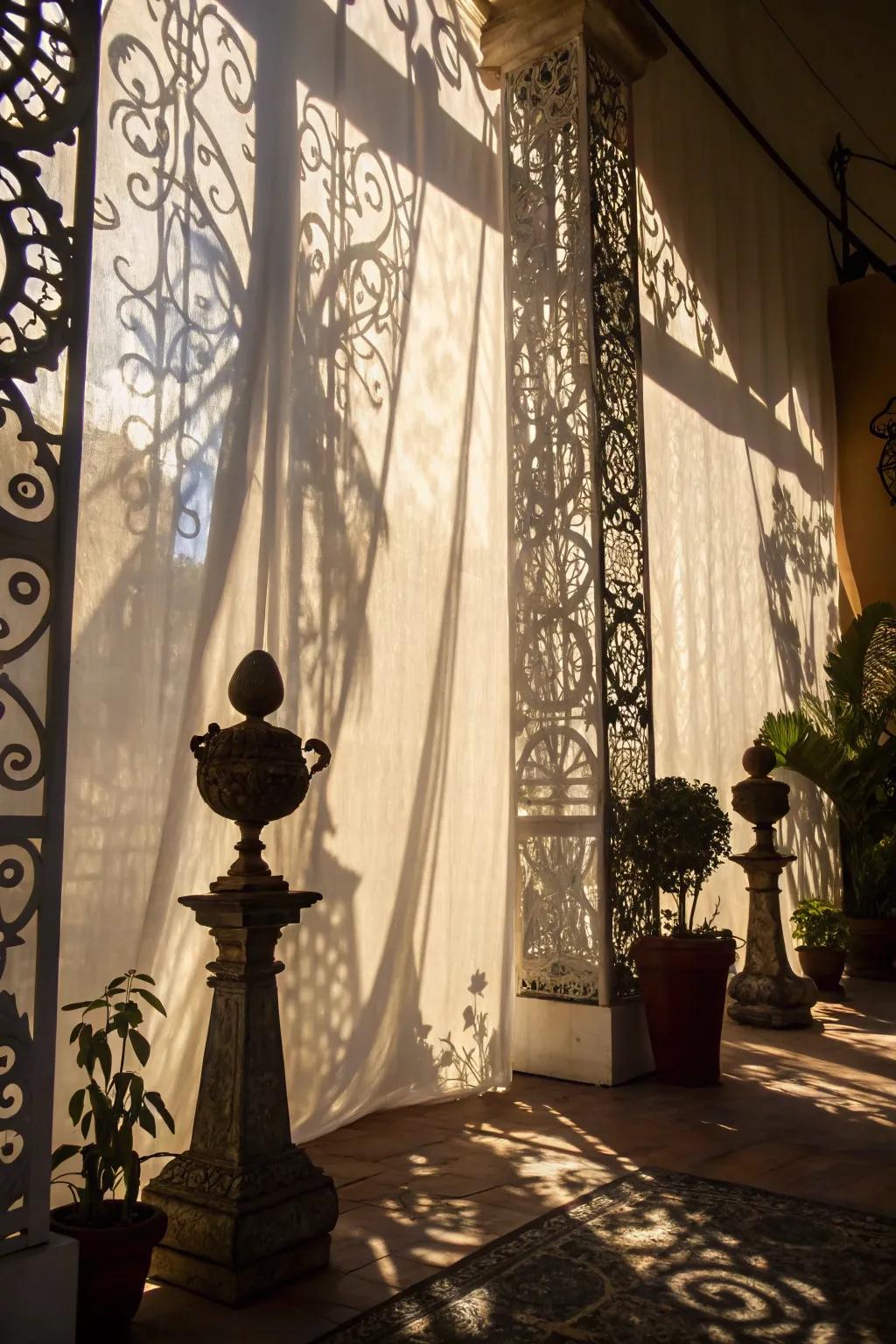 Artistic shade patterns created by light through design pieces.