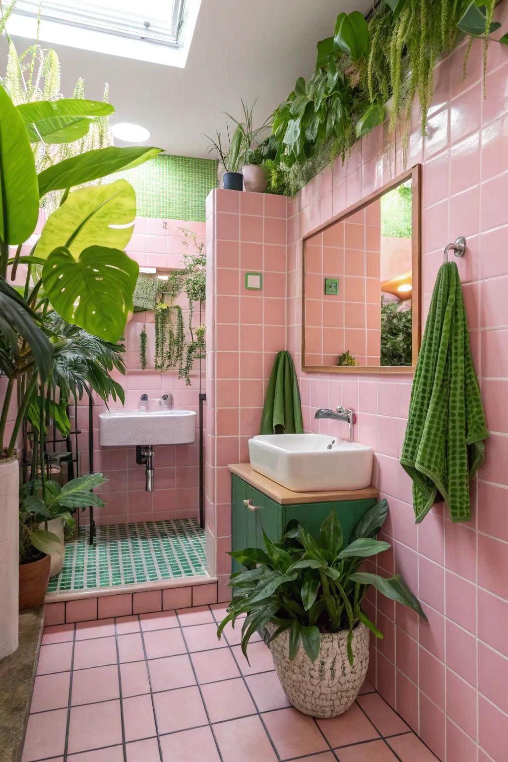 A lively harmony of pink tiles and green pieces.