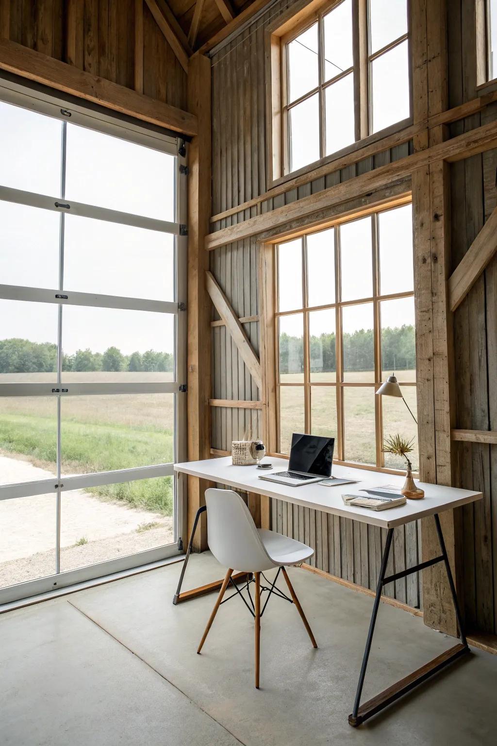 A simple home office in a pole barn featuring a basic desk and natural light.