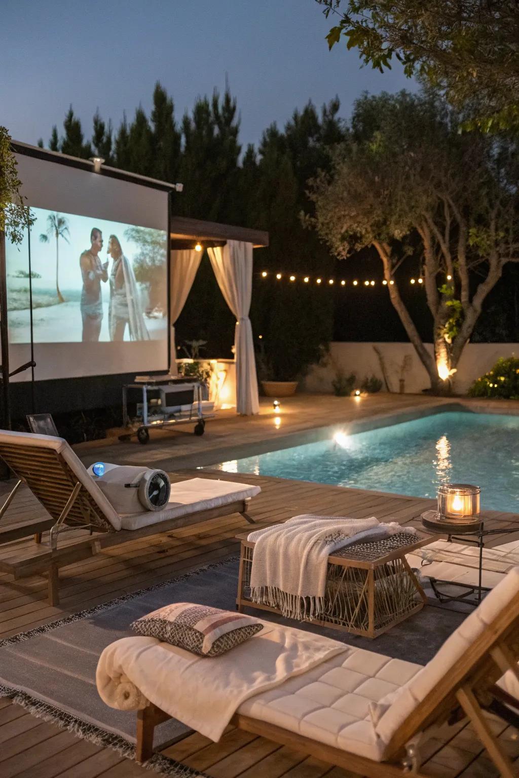 Poolside entertainment utilizing an outdoor film setup.