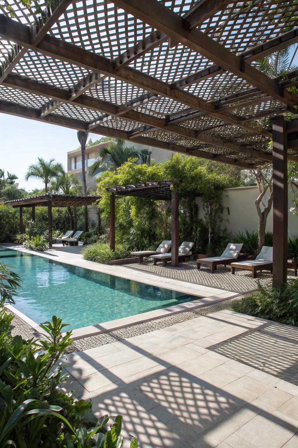 Intricate light and shadow patterns creating a dynamic poolside atmosphere.