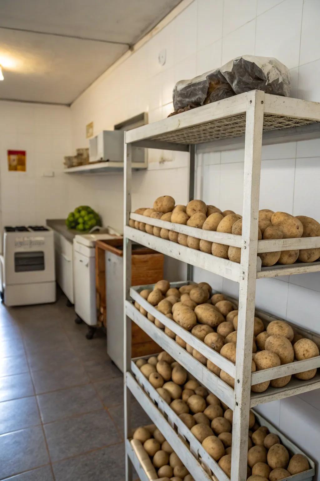 Practical shelves offer a minimalist potato exhibit.