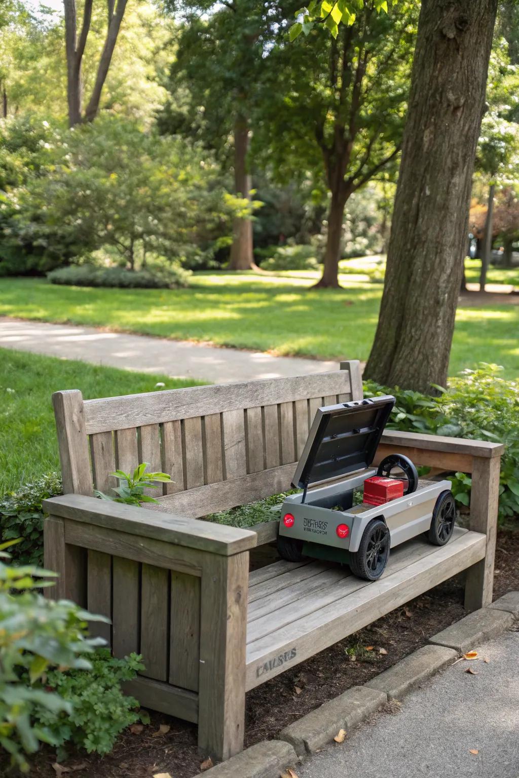 Hidden compartments seamlessly storing motorized toys.