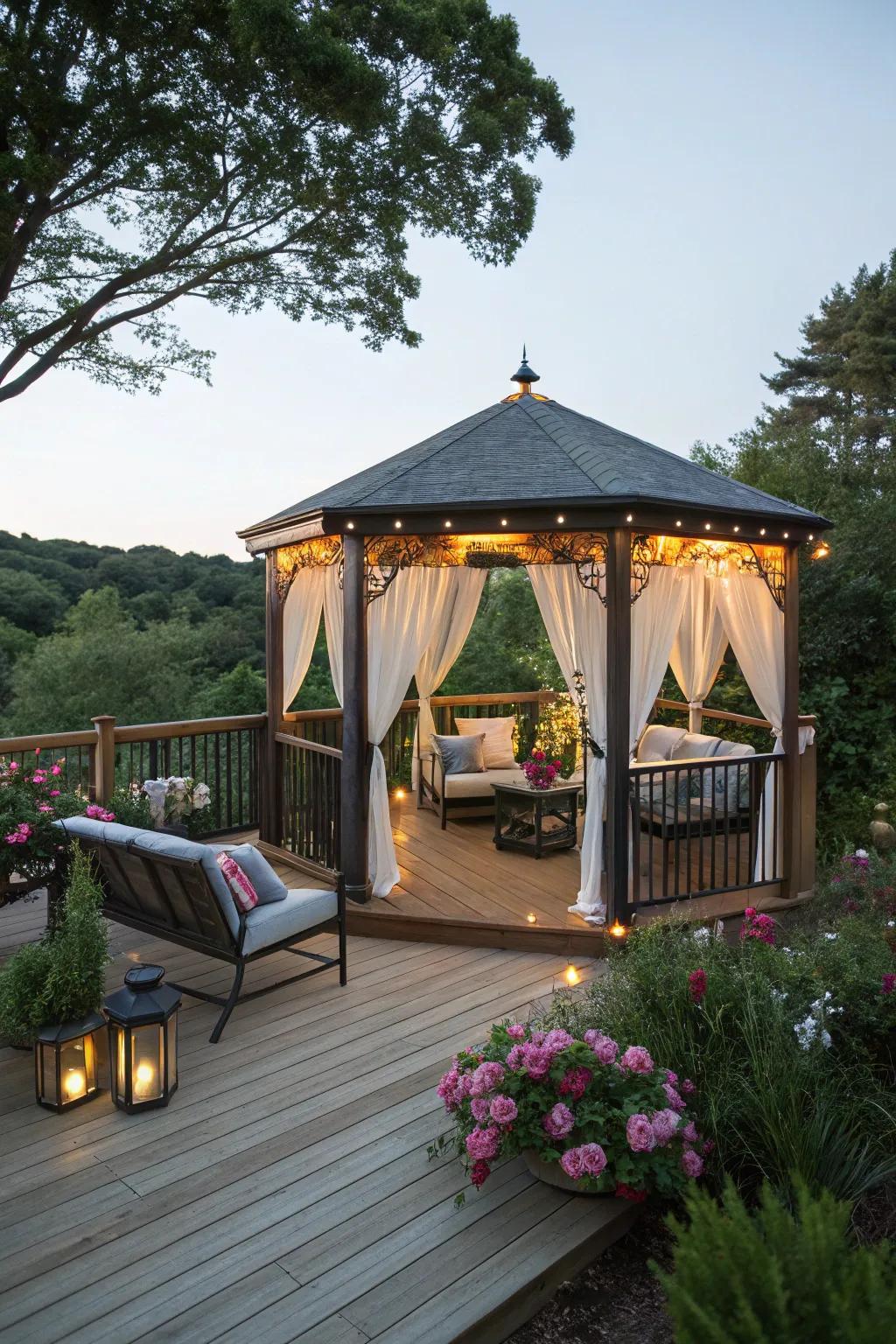 A cozy summerhouse offers seclusion and an intimate setting on a deck.