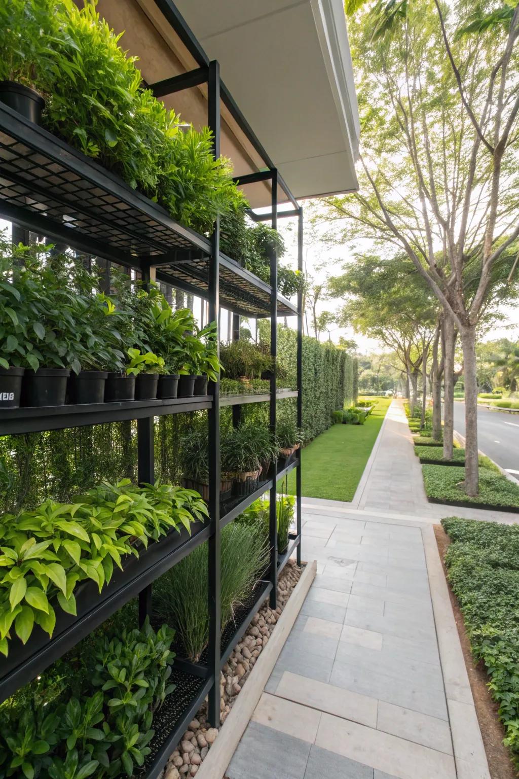 Exterior racks with greenery provide a stylish privacy solution with added functionality.