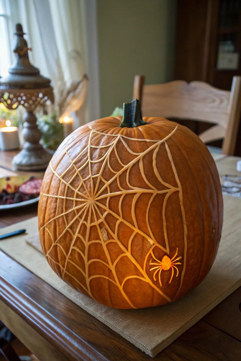 An arachnid web pumpkin that introduces an unforeseen twist to your Halloween.