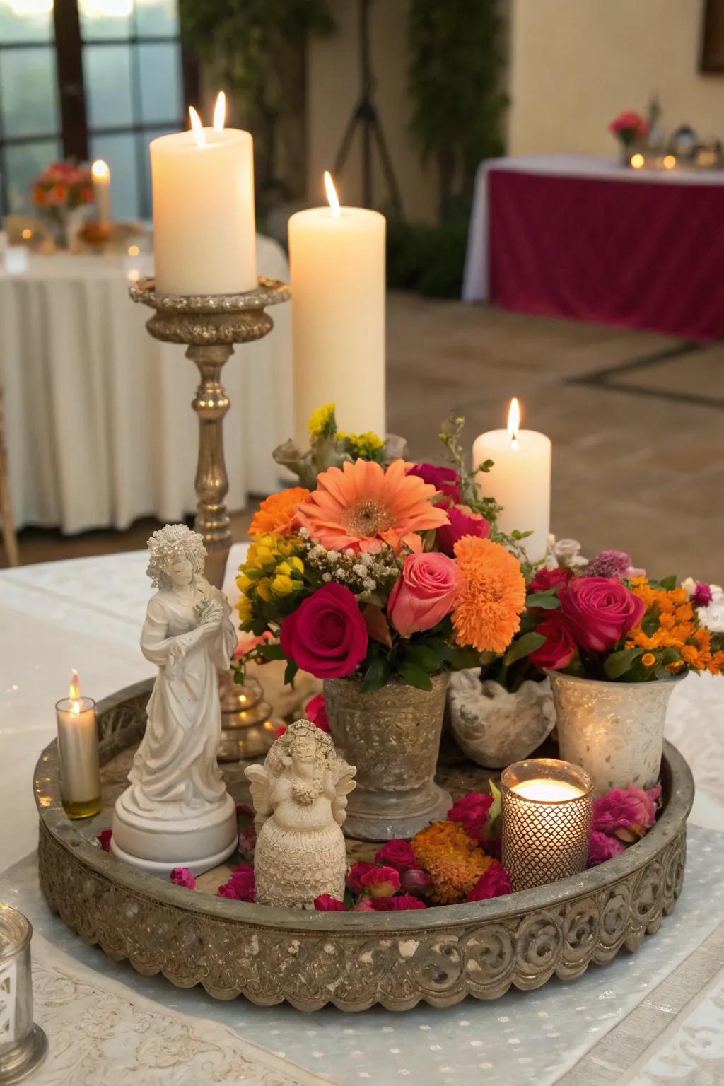 Varied centerpieces contribute a customized touch to tables.