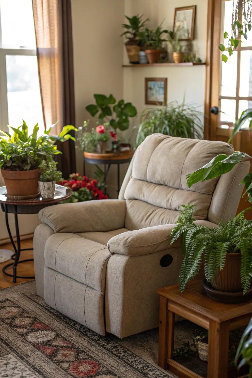 An animated dwelling space showcasing flora that complements the reclining sofa.