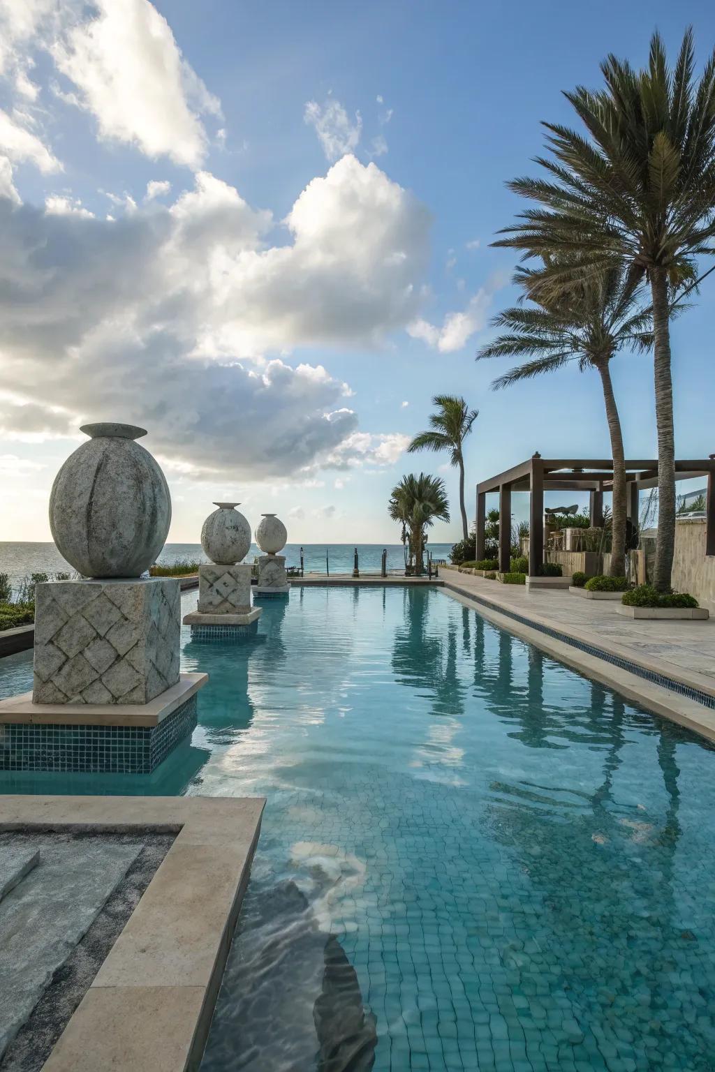 Shaped art pieces append an artistic flair to the poolside.