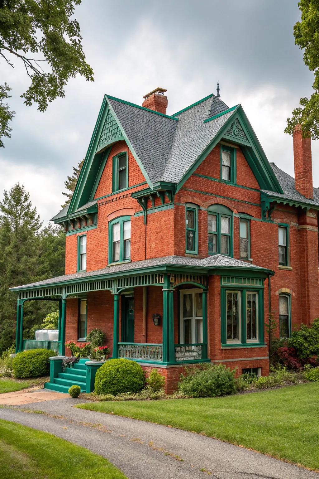 Emerald green trim injects a hint of glamour into red brick homes.