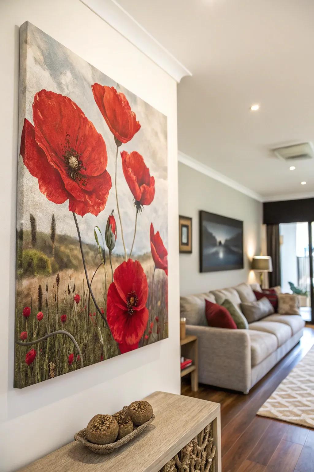 Red-themed wall art adding a festive touch to the room.