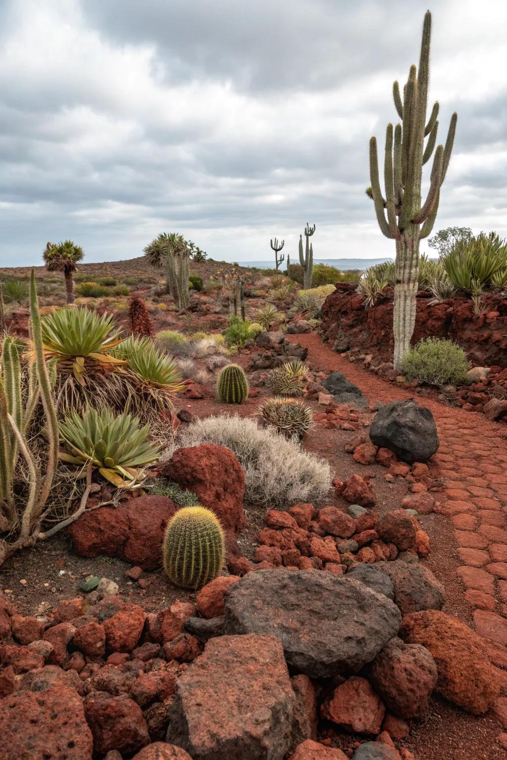 Scarlet volcanic stones enhance the allure of this desert landscape design.