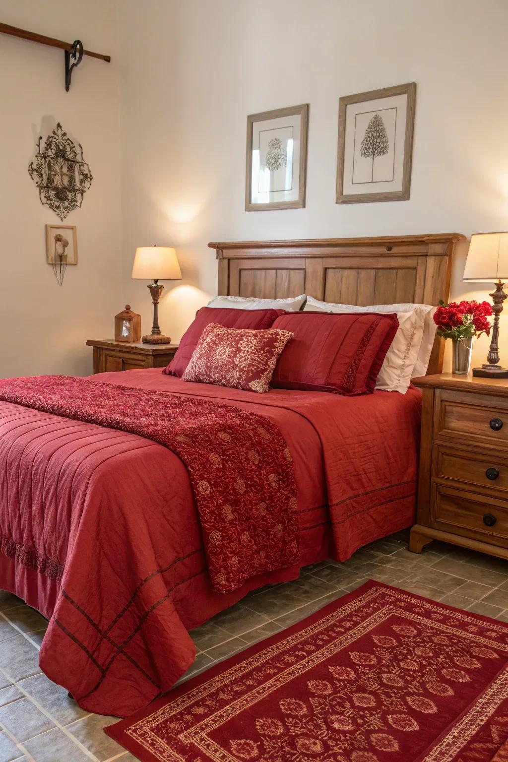 Red bedding brings warmth and a splash of color to this inviting bedroom.