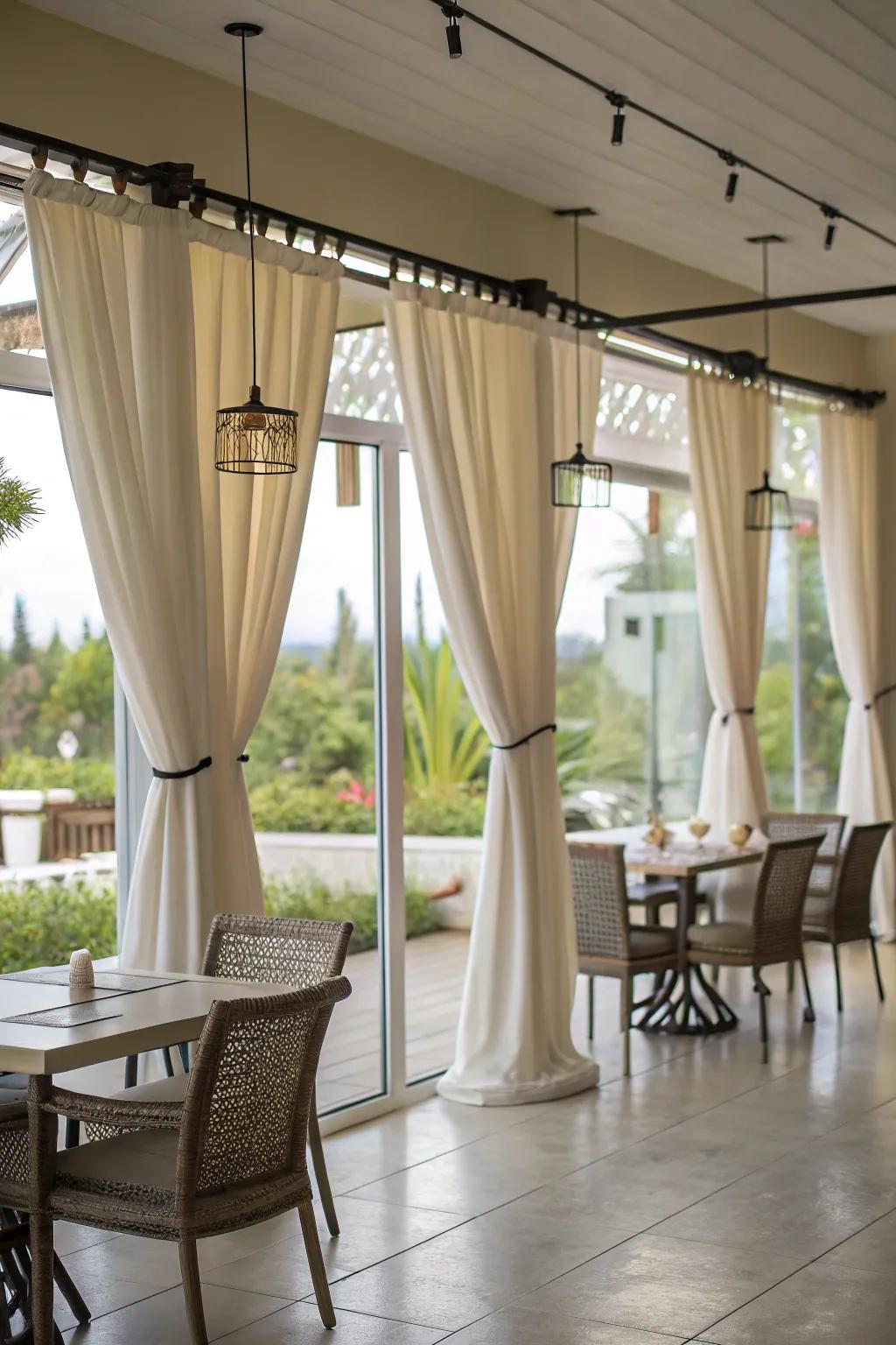 A sleek, Scandinavian-inspired drape style is achieved with drape wire systems.