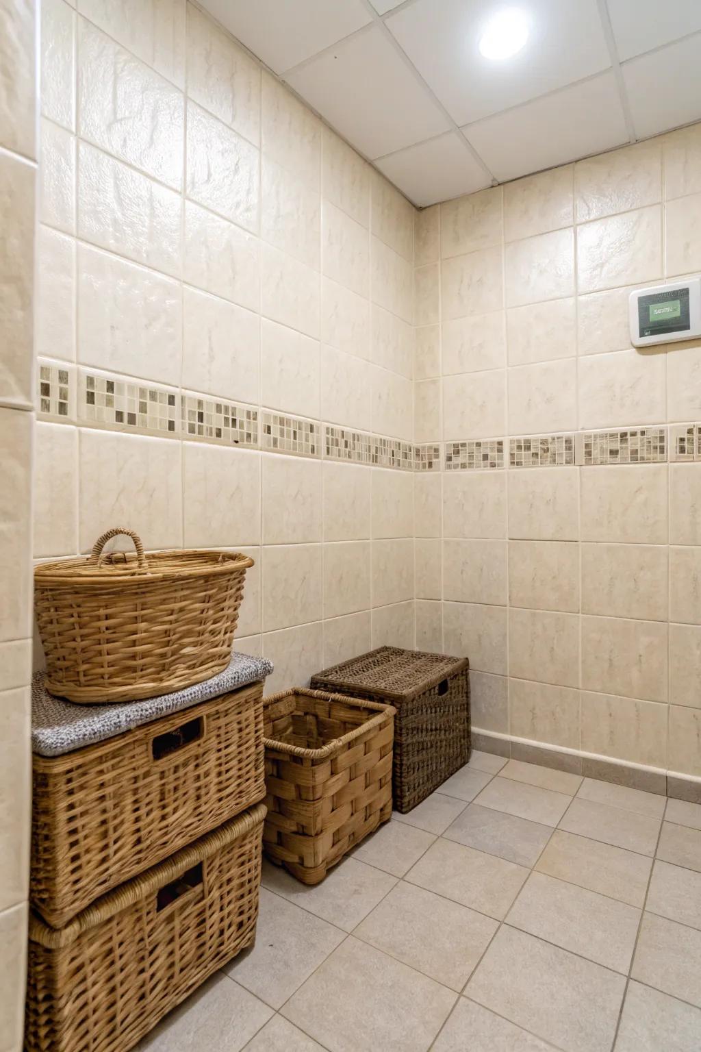 Detailed pieces introduce depth and interest to the restroom.