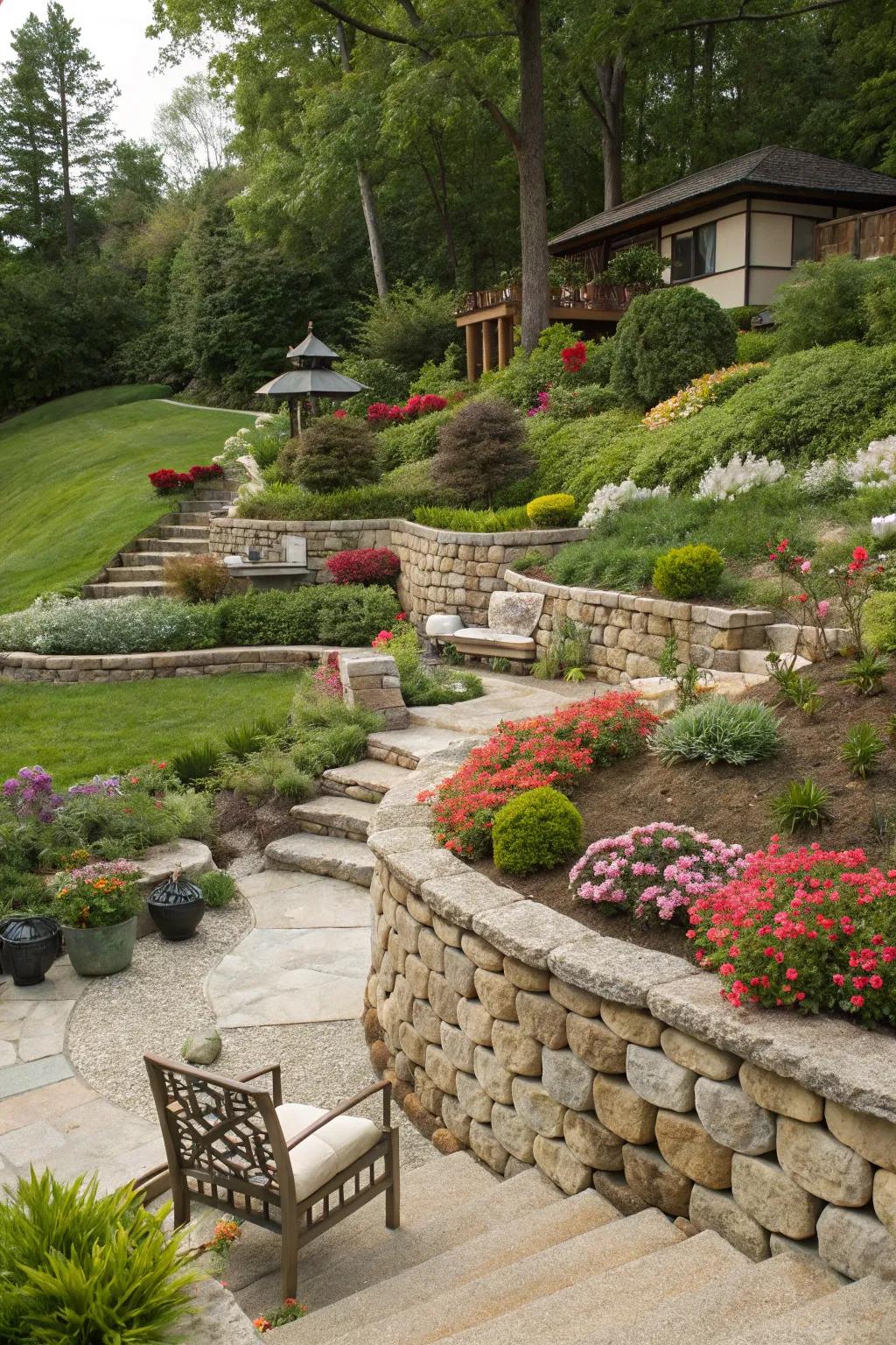A garden creatively divided into themed sections using border walls.