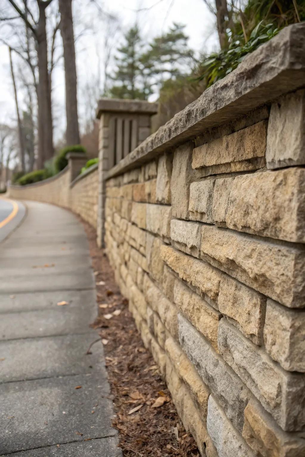 Stone cladding imparts texture and refinement to retaining walls.