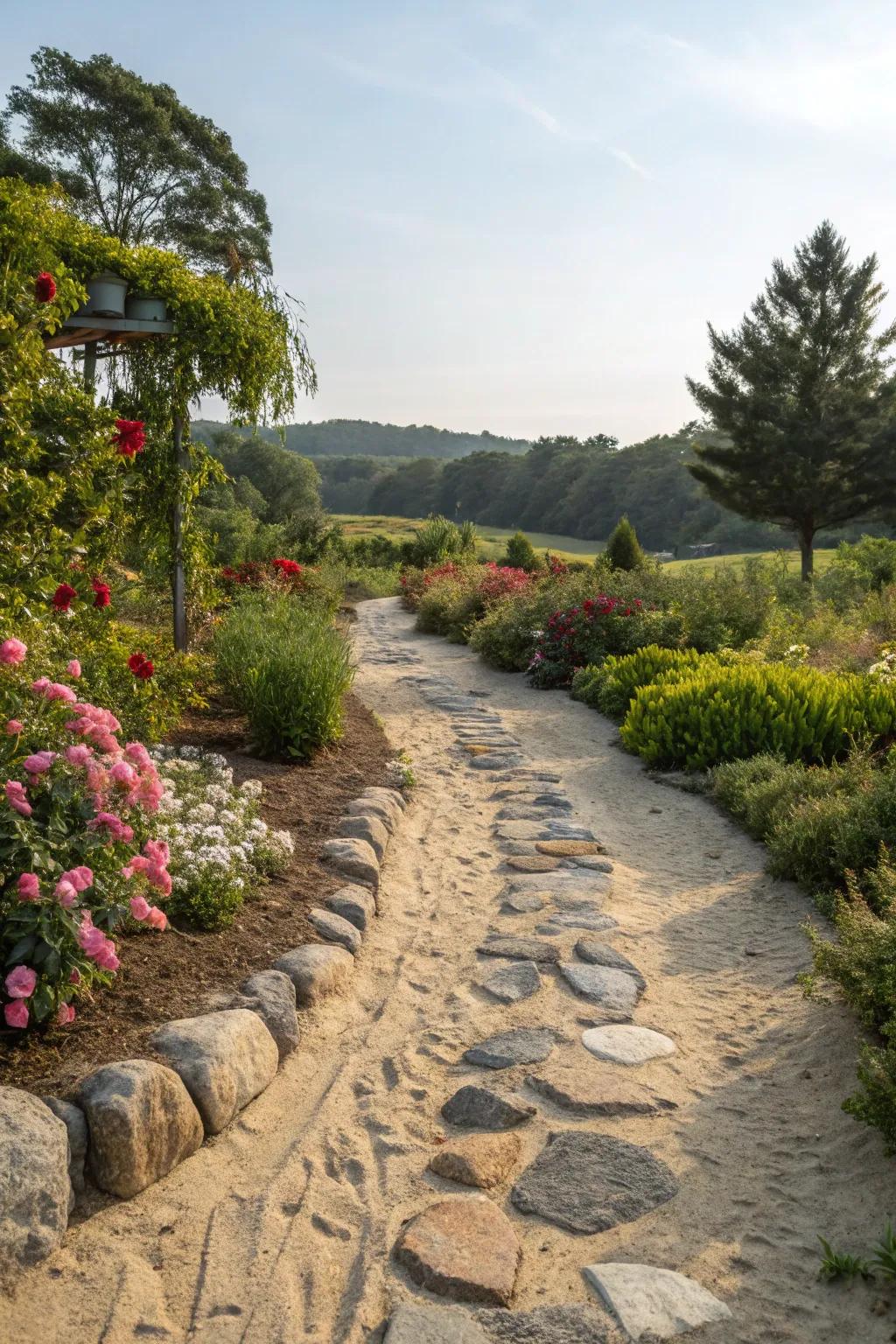 Sand and stones bring coastal charm to garden routes.