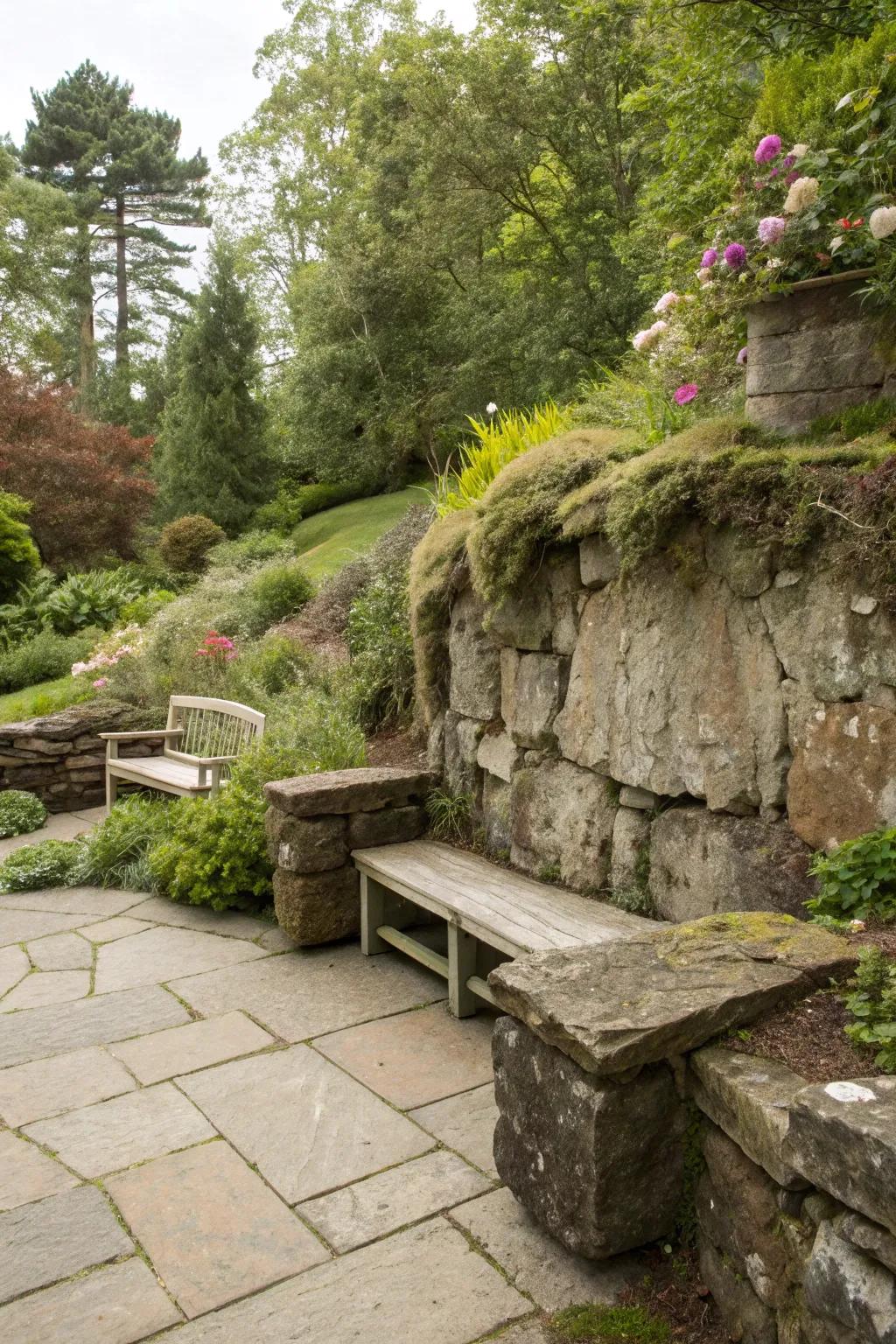 Integrated seating with rock walls offers functionality and charm.
