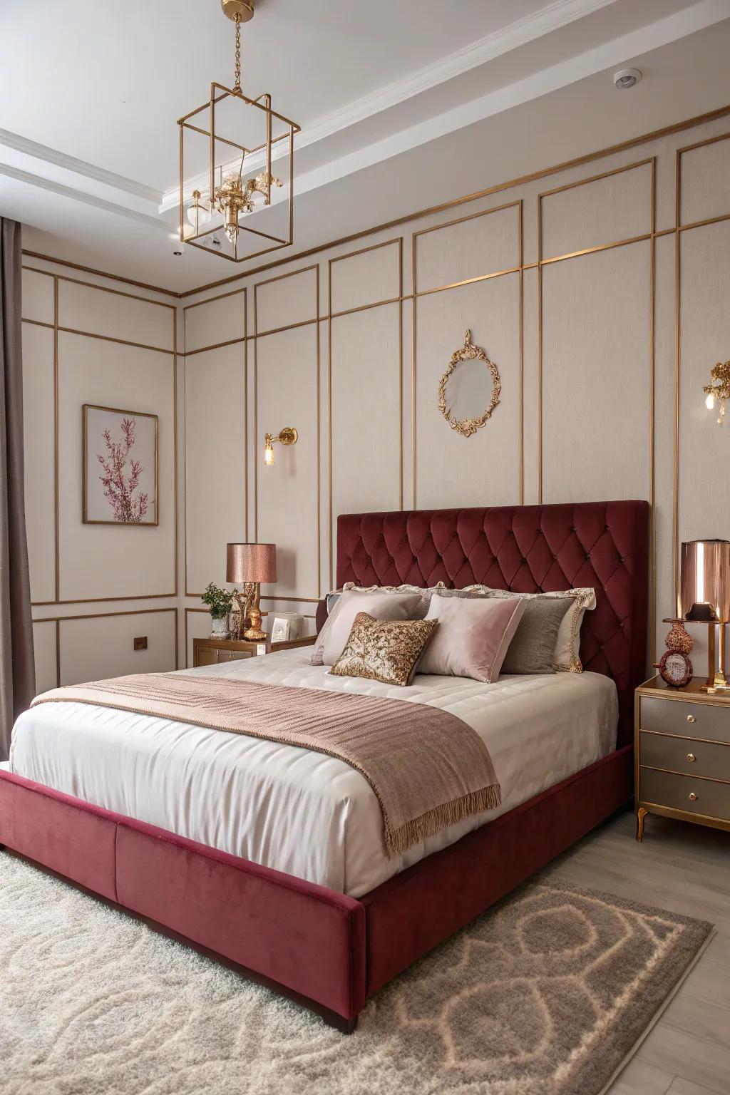 A burgundy bed perimeter serves as an audacious cornerstone of the bedroom's design.