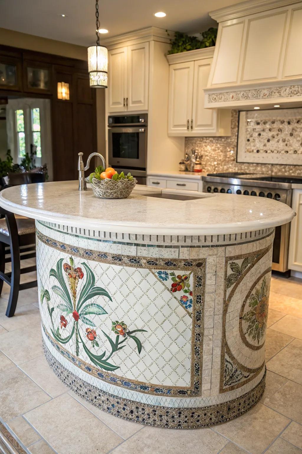 Artistic influences personalize and elevate a circular kitchen island.