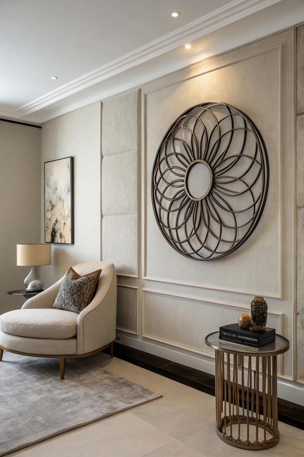 A contemporary room displaying a round metal sculpture that acts as a focal point.