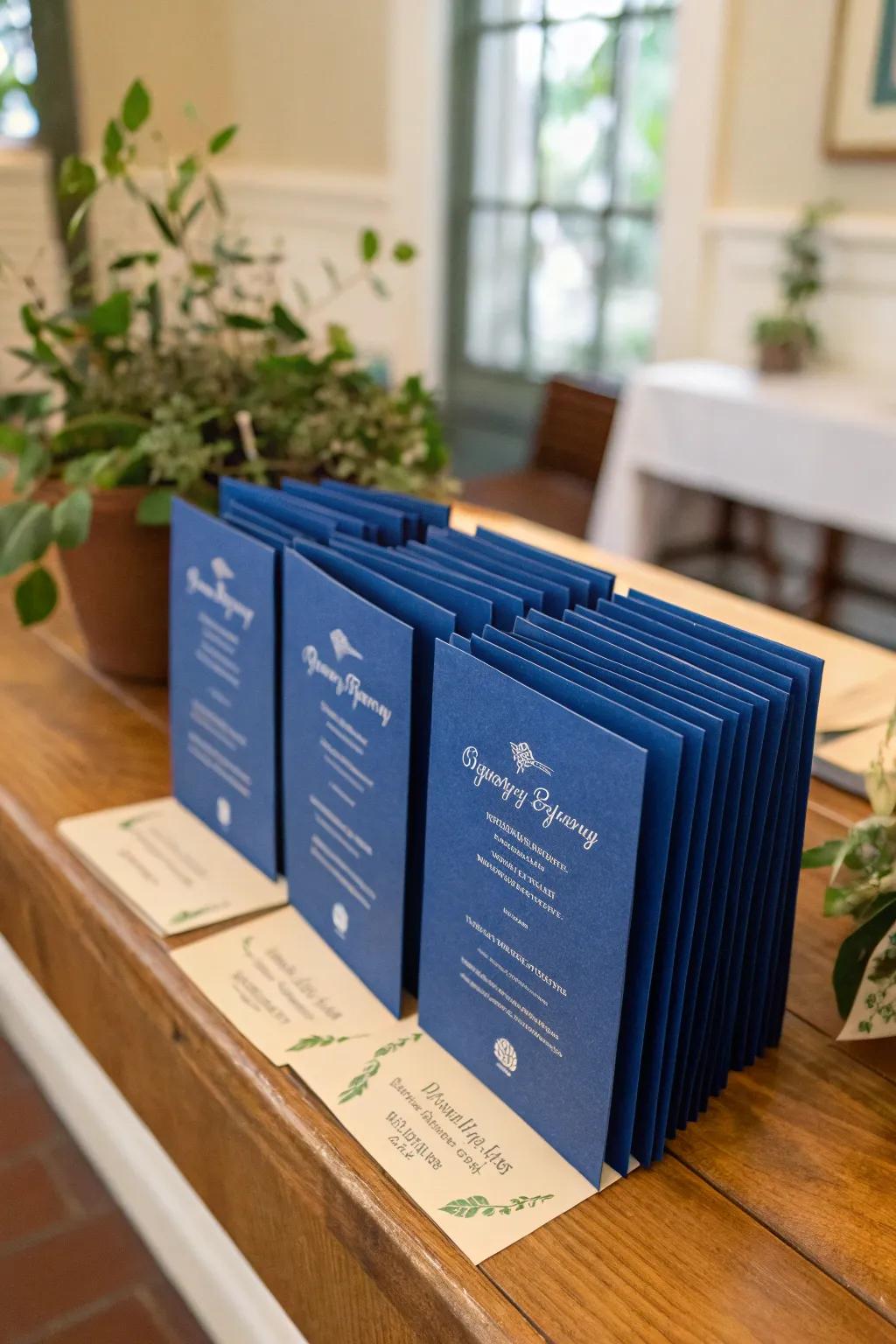 Eco-friendly wedding programs in majestic blue, combining style and sustainability.