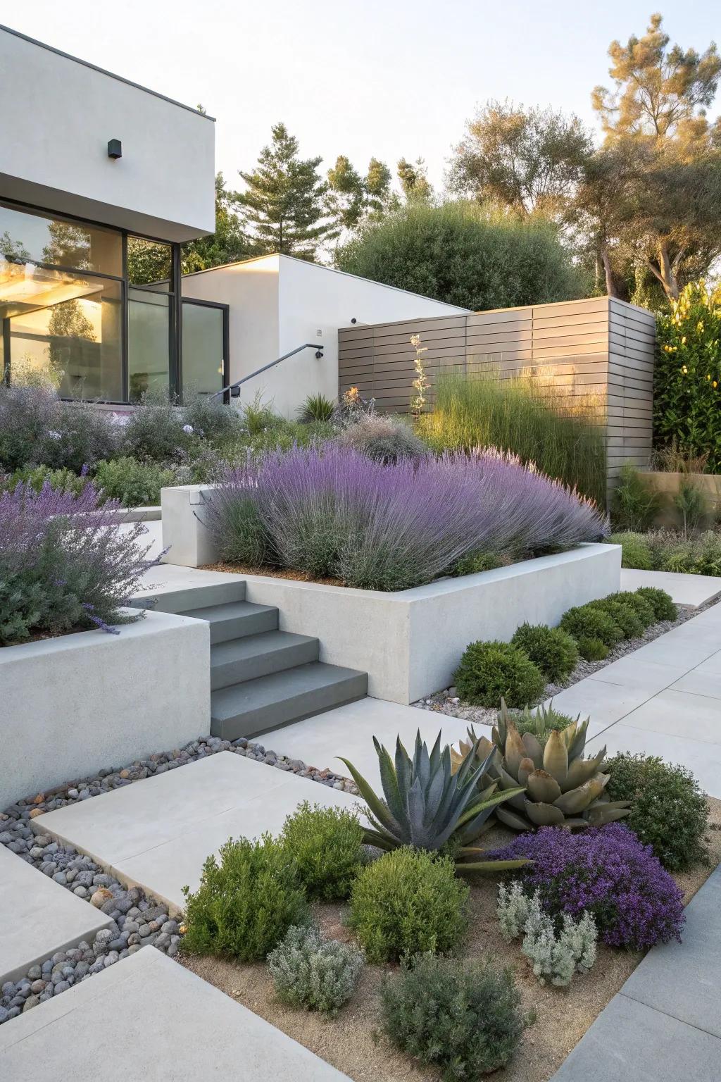 A modern garden featuring azure blooms and succulents.