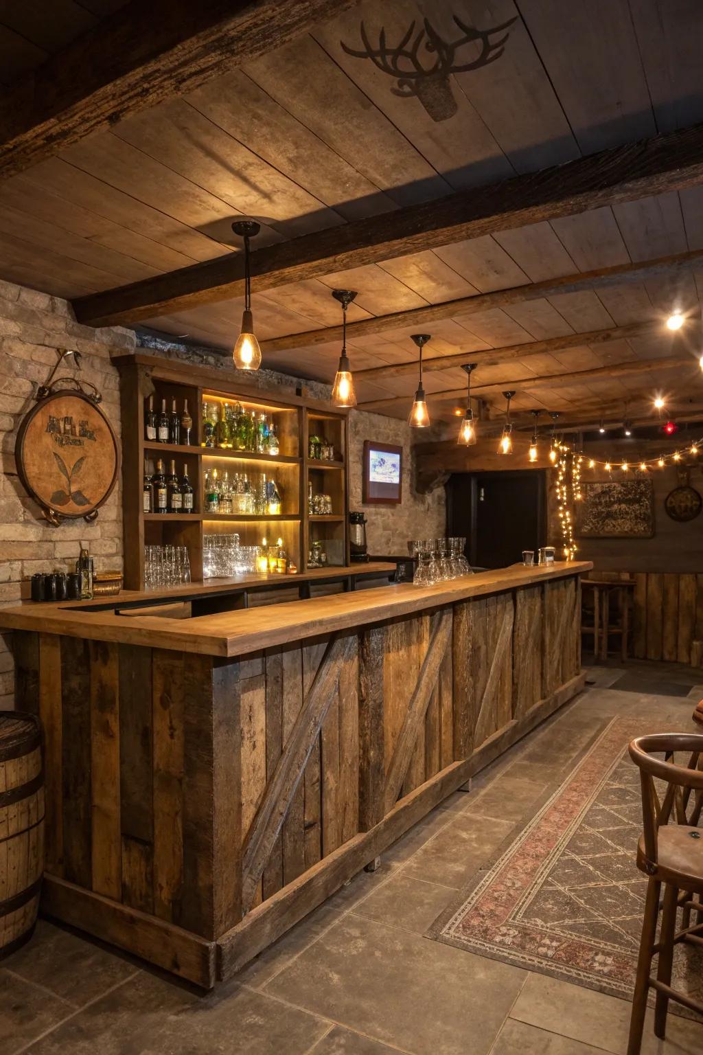 Weathered timber shelving contributing both storage and panache.