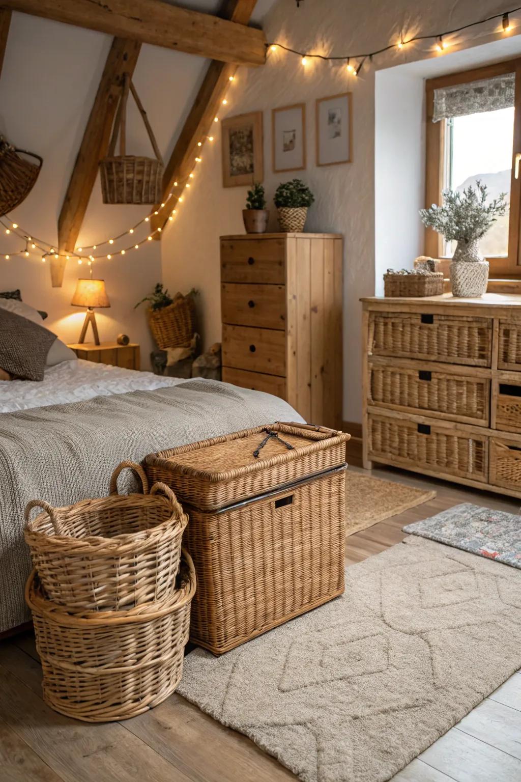Wicker containers add natural texture and functionality.