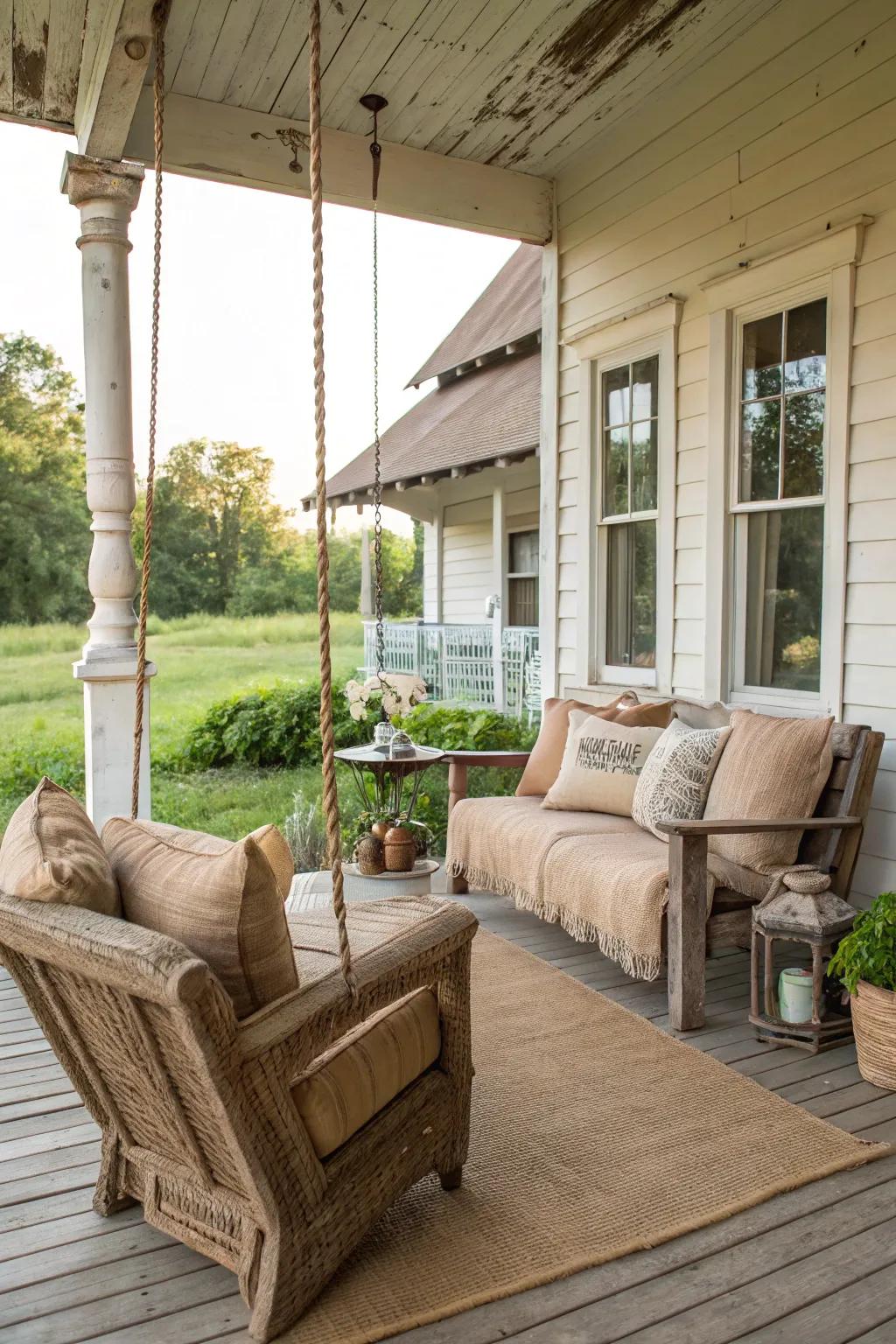 Coarse accents add texture to this porch.