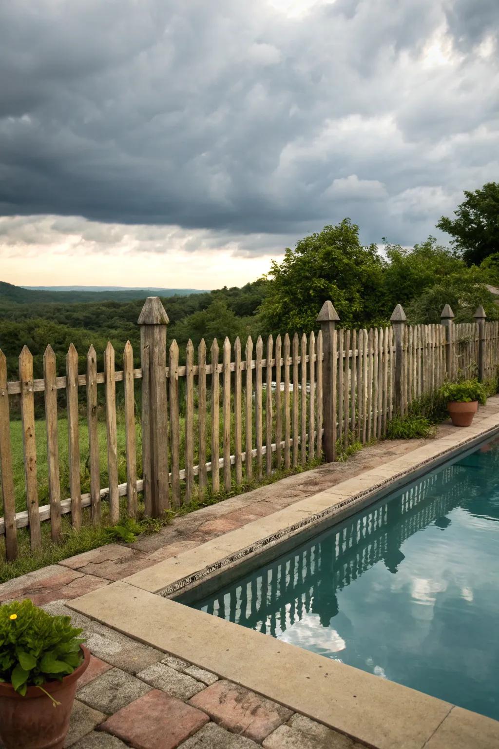 Nutwood picket fencing adding traditional country appeal to the poolside.