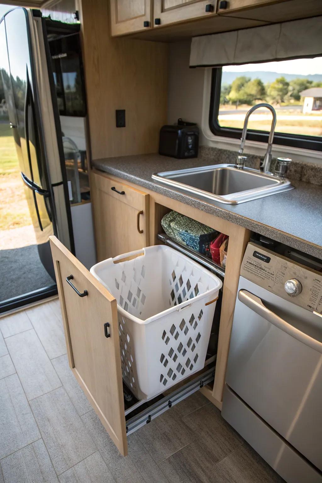 A pull-out hamper drawer for easy access laundry storage in an RV.