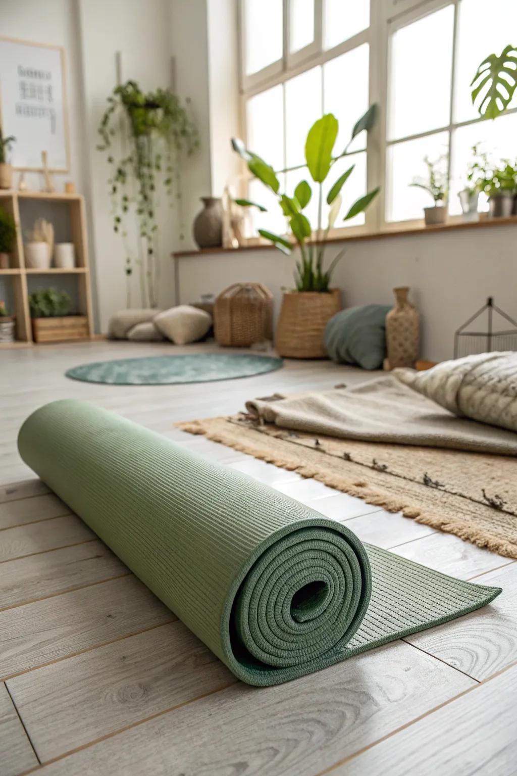 A sage green exercise mat brings focus to your practice.