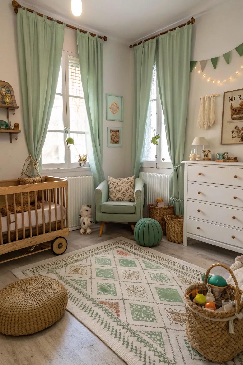 Eclectic decor adds personality to a soft leaf green nursery.