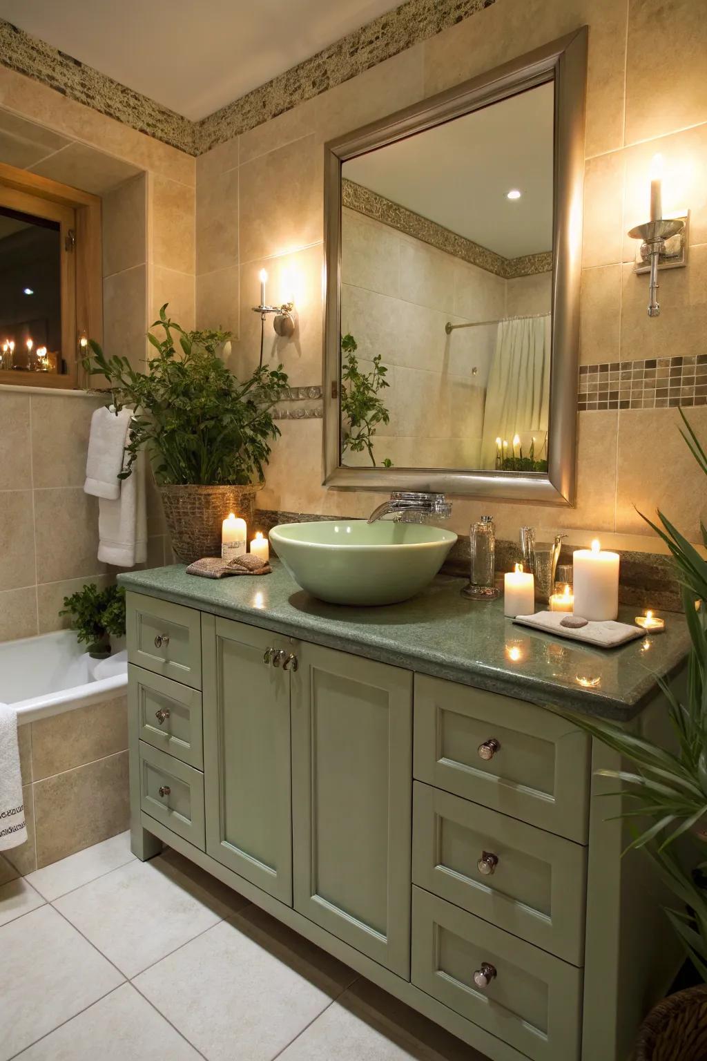 A spa-inspired bath with a willow tint vanity, great for unwinding.