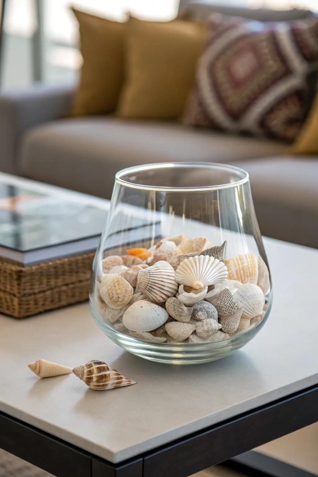 A vase filled through seashells effortlessly enhances coastal aesthetic.