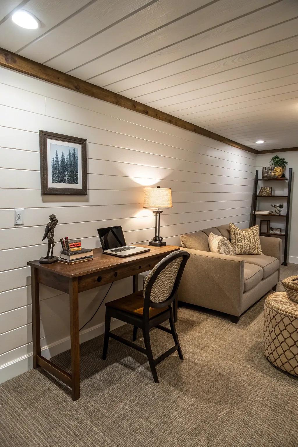 A multi-purpose basement displaying paneling walls partitioning distinct sectors.