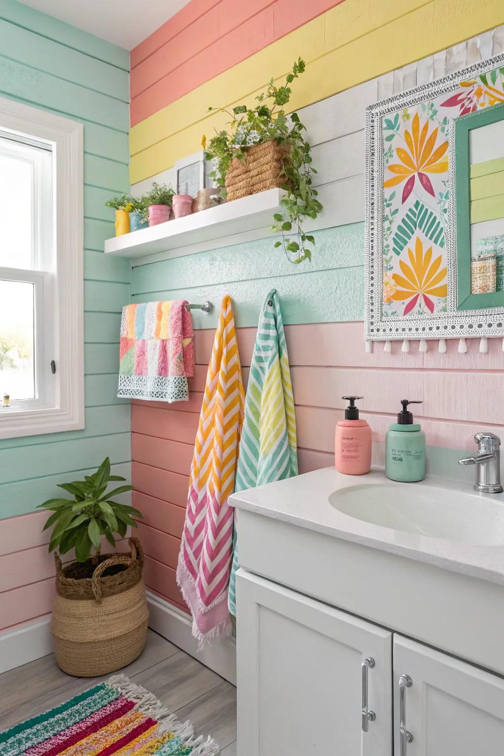 A bathroom featuring a vibrant plank cladding highlighted wall for vibrancy.