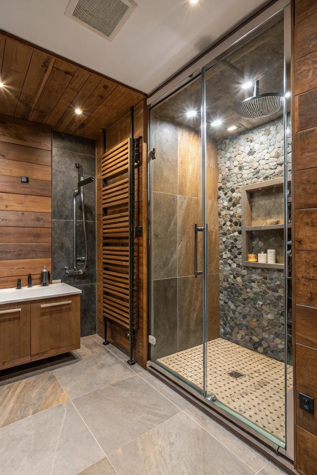 A shower room with a rich texture from a mix of materials.