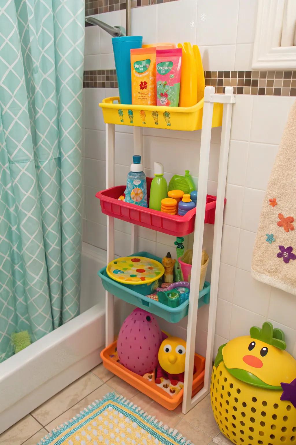 Colorful plastic shelves introduce a playful element to kid-friendly showers.
