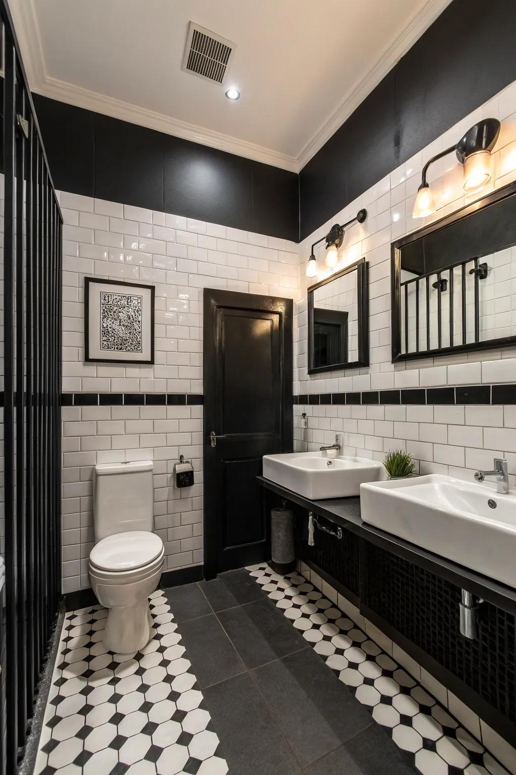 Classic black and white provides a dramatic bathroom design.