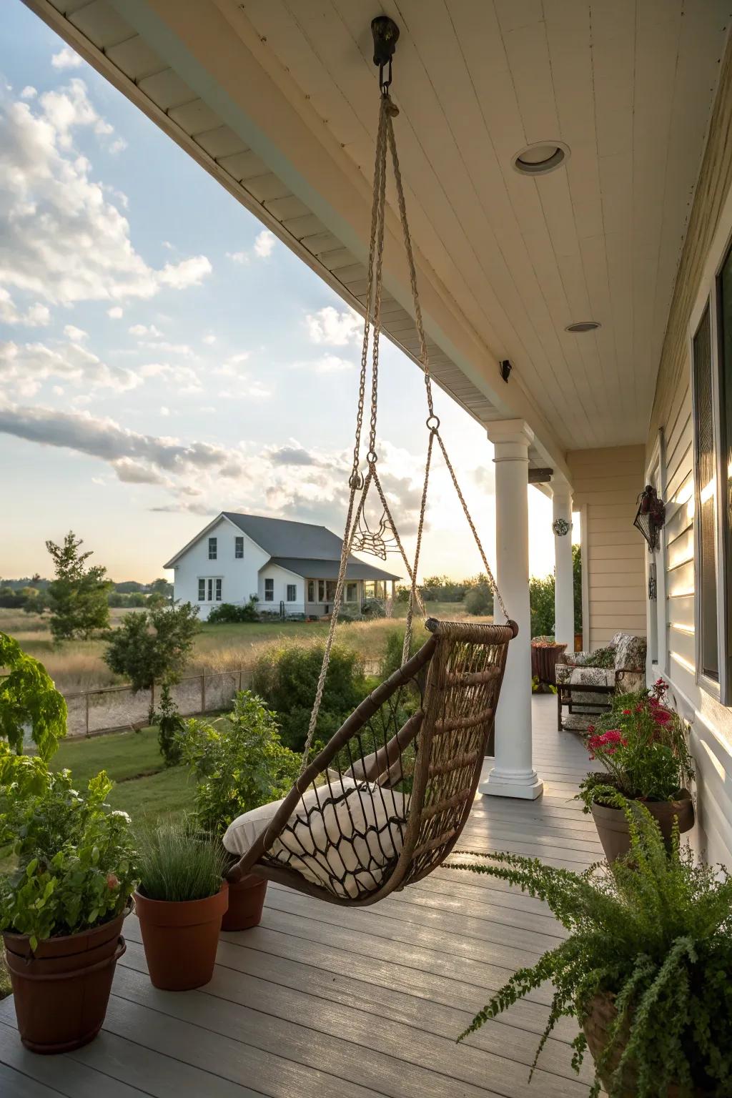A whimsical hanging seat encouraging relaxation on the veranda.